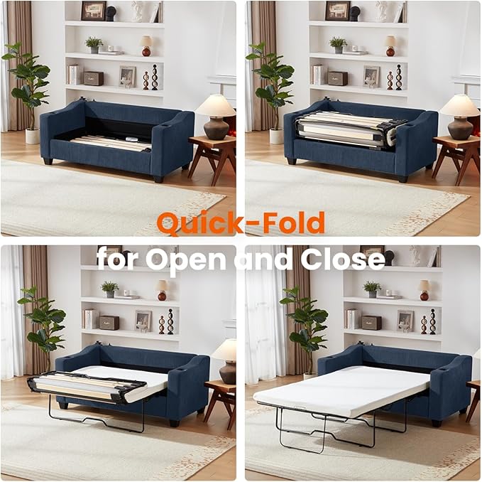 Pull Out Sofa Bed, Full Size Sleeper Sofa, 2-in-1 Convertible Corduroy Couch with USB Charging, Memory Form Couch for Living Room, Apartment and Small Space (Navy Blue, Corduroy - Full Size)-Ruum Studio Home