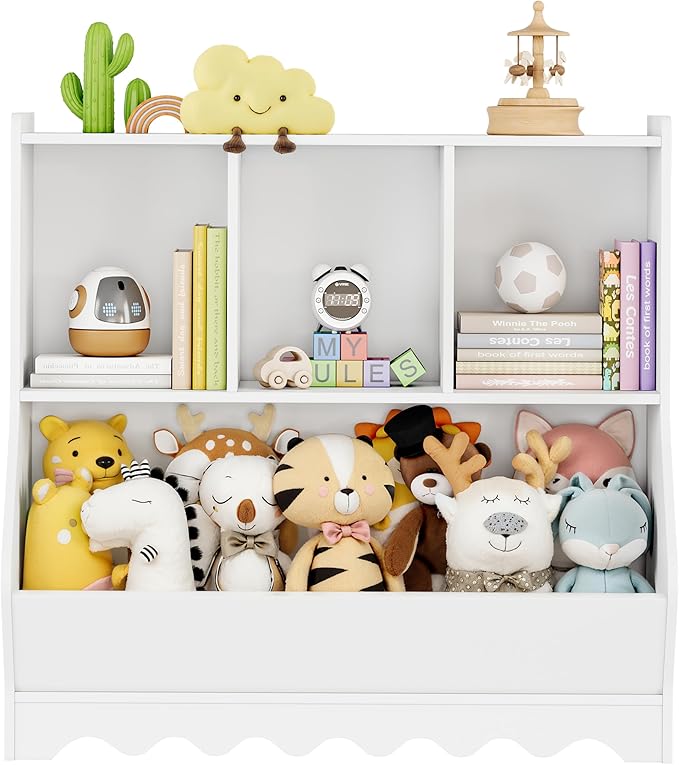 Wood Kid Storage Cubby, Toy Storage Organizer with Bookshelf, 32"L x 15"D x 31"H Montessori Toy Shelf, Nursery Book Shelves, Wooden 4-Cubby Children Book Shelf for Playroom Classroom, White-Ruum Studio Home