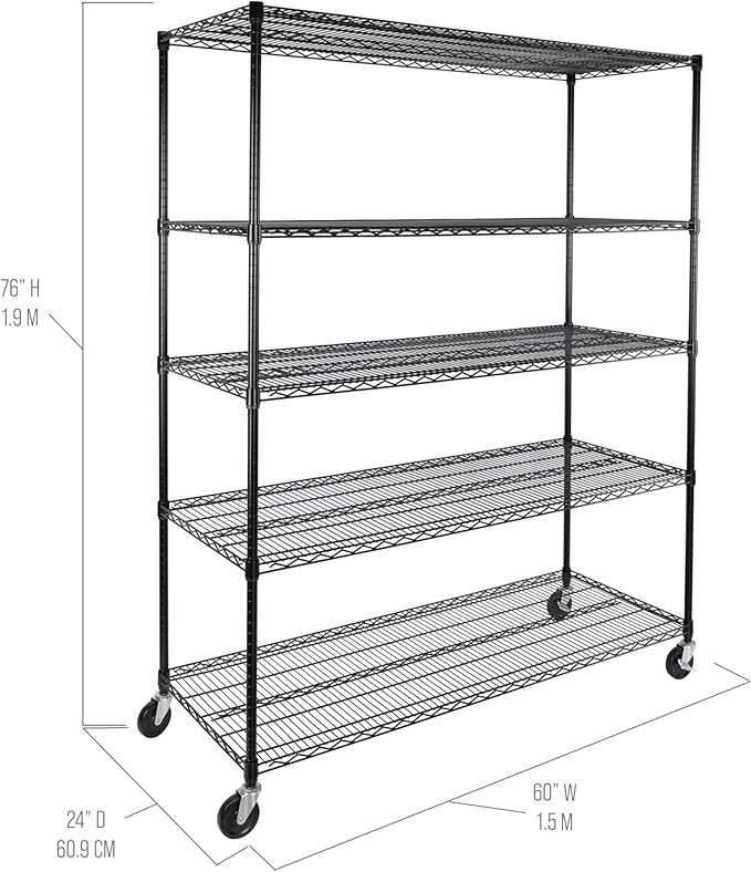 Seville Classics UltraDurable Heavy Duty NSF Solid Steel Wire Rack Storage Unit, Organizer for Garage, Warehouse, Office, Restaurant, Classroom, Kitchen, Black, 5-Tier Shelving, 60" W x 24" D-Ruum Studio Home