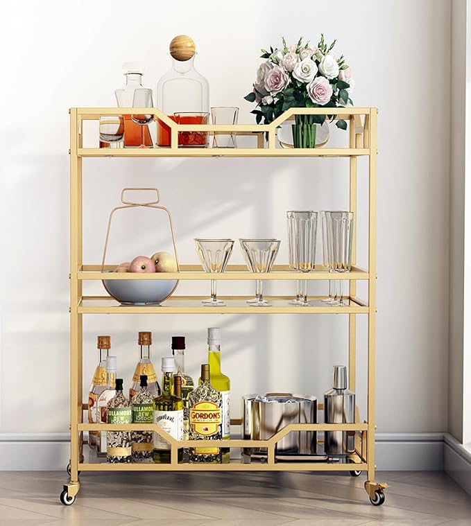 Square Gold Bar Carts with 3 Tier Storage Glass Shelves Holder Home Serving Bar Carts on Wheels for Kitchen, Bar, Dinning Room-Ruum Studio Home