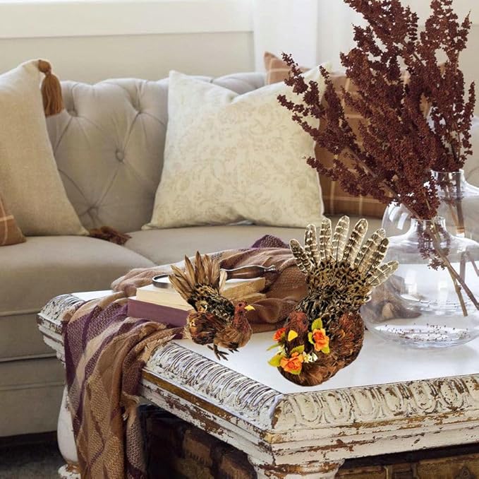 naturevibe 10/6.5 Inches Feathered Turkey Decorations Set of 2,Realistic Mom n Baby Turkey Figurines with Real Feathers for Thanksgiving Decorations,Decorative Farm Animals as Fall Decor for Home-Ruum Studio Home