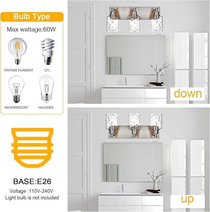 BONLICHT Bathroom Vanity Light Fixtures 3 Lights Modern Wall Sconce Brushed Nickel with Metal Base and Hammered Glass Shade, Industrial Farmhouse Bath Wall Lights for Hallway Kitchen Bedroom-Ruum Studio Home