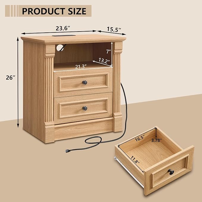 26" Tall Farmhouse Nightstand, 2 Drawers End Table w/Charging Station, 23.6" Wide Large Side Table w/Roman Column, Wood Rustic Sofa Table w/Open Shelf, Bedside Table for Bedroom, Natrual-Ruum Studio Home