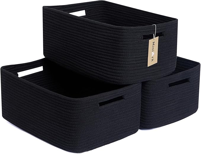 Large Storage Baskets for Shelves, Closet Organizers Bins for Clothes Blanket Towels, Baby Nursery, Toy Baskets Box, Woven Rope Baskets, 17 x 13 x 7.5”, 3 Packs Black-Ruum Studio Home