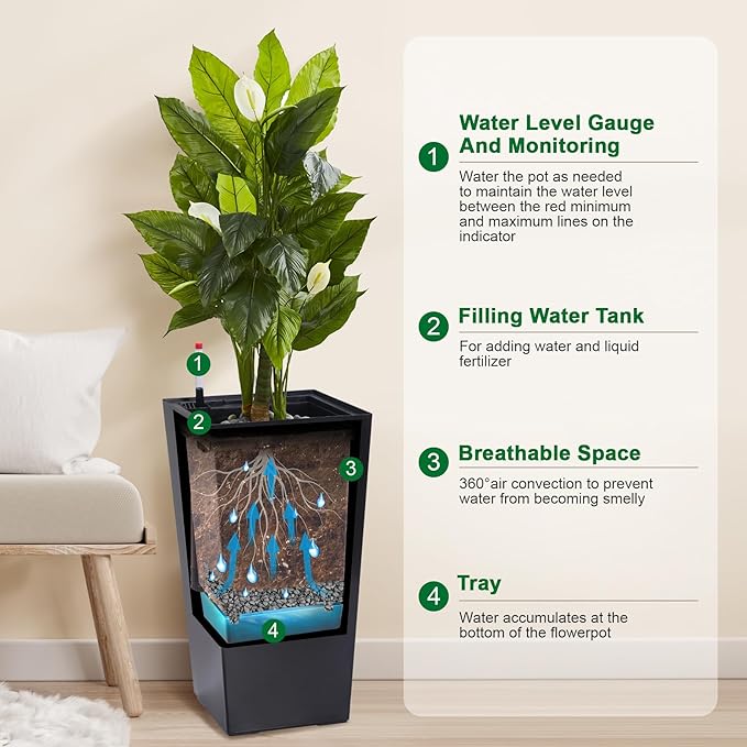 22.5" Tall Planters Set of 2, Outdoor＆Indoor Black Planter Pots, High Front Porch Planter Pots with Drainage Holes＆Water Level Monitor＆Inner Bucket, Automatic Watering, Black-Ruum Studio Home