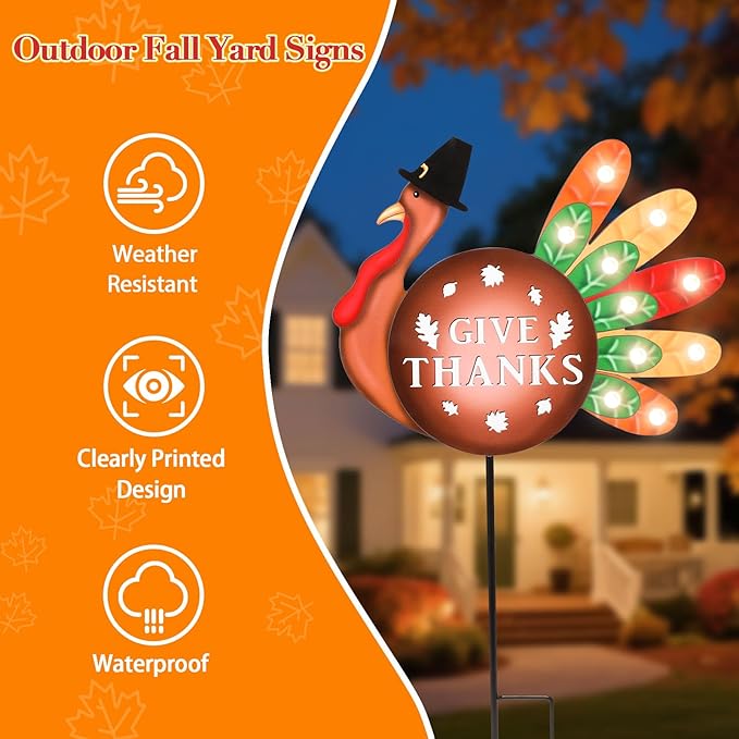 2 PCS Happy Fall Yard Signs Metal Thanksgiving Decorative Garden Stakes with Led Light Turkey Give Thanks Yard Stakes Fall Harvest Lawn Garden Lawn Pathway Decor-Ruum Studio Home