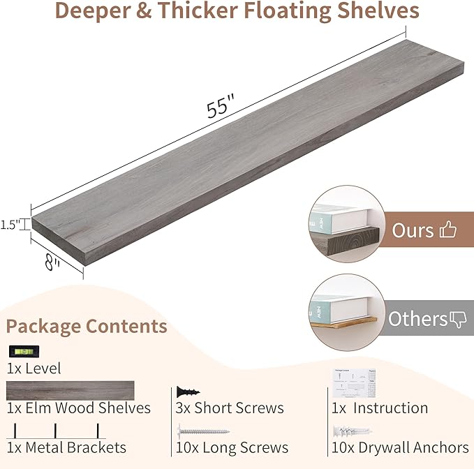 Axeman Floating Shelves for Wall, Rustic Elm Wood 56'' W x 8" D Wall Shelf with Invisible Bracket, Large Long Wall Mounted Storage Shelves for Living Room, Bedroom, Kitchen, Bathroom Decor, Grey-Ruum Studio Home