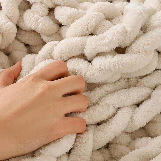 Esterra Chunky Knit Blanket Throw, 100% Handmade Chenille Throw Blanket 40"x50", Soft Thick Yarn Cable Knit Crochet Throw Blanket Rope Knot Throw for Couch Bed Sofa, Apricot White-Ruum Studio Home