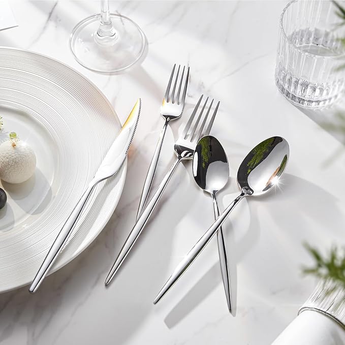 KINGSTONE Silverware Set, 5-Piece Flatware Set Cutlery Set Premium 18/10 Stainless Steel, Tableware Include Forks Knives Spoons for Home Kitchen Restaurant Wedding, Dishwasher Safe-Ruum Studio Home