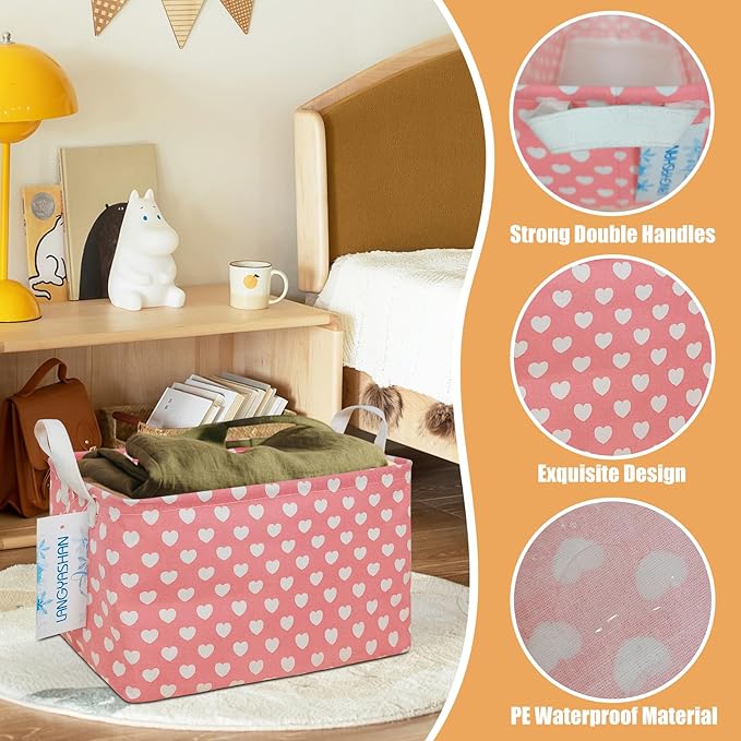 LANGYASHAN Rectangular Storage Bin Collapse Canvas Fabric Cartoon Storage Basket with Handles for Organizing Home Kitchen Boys and Girls Toys Office Closet Shelf Baskets (Rec pink heart)-Ruum Studio Home