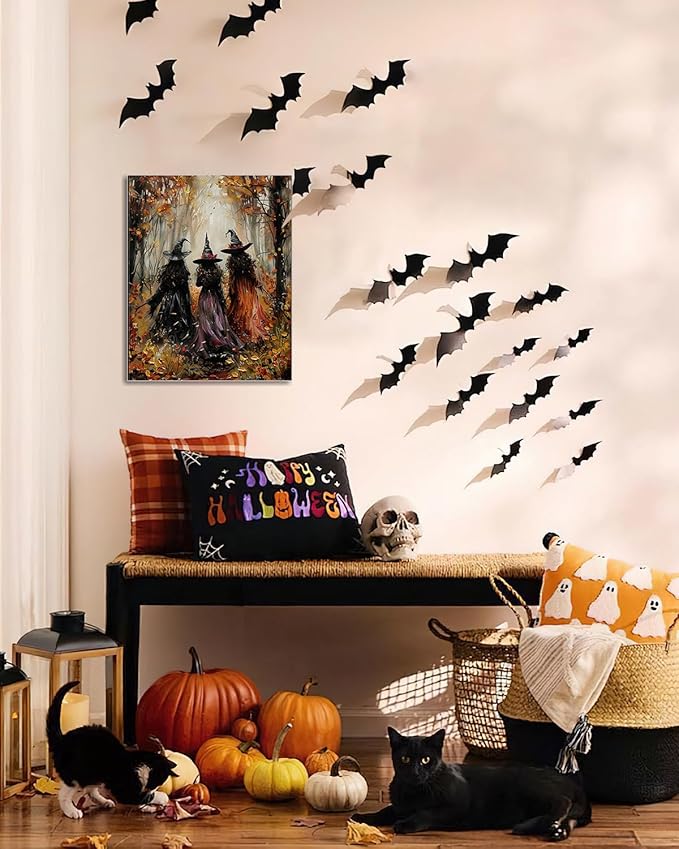 Halloween Canvas Wall Art, Vintage Three Witches Poster, Gothic Dark Academia Wall Decor, Spooky Halloween Decor for Living Room, Bedroom & Bathroom, Framed Fall Decorations Indoor-Ruum Studio Home