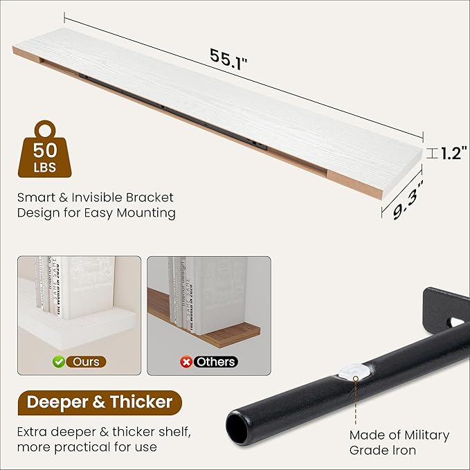 Fun Memories 55 Inch Fireplace Mantel Shelf -Long Floating Shelves, Deep Wall Mounted Farmhouse Display Shelves with Invisible Heavy Duty Metal Bracket, White, 2 Pack-Ruum Studio Home