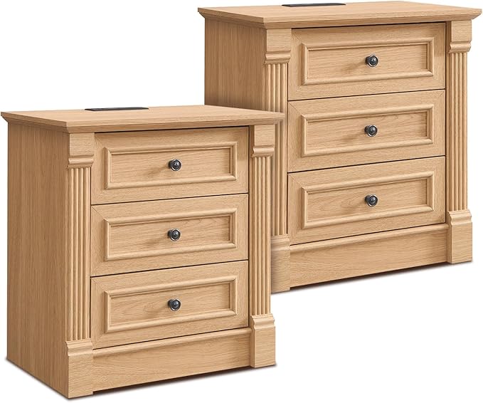 26" Tall Farmhouse Nightstand Set of 2, 3 Drawers End Table w/Charging Station, 23.6" Wide Large Side Table w/Roman Column, Wood Rustic Sofa Table for Bedroom, Natrual-Ruum Studio Home