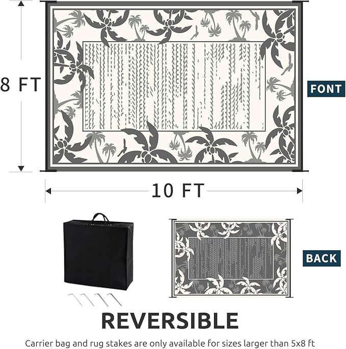 COCOER Outdoor-Rug 8x10 ft Waterproof Reversible Outdoor Plastic Straw Rug RV Indoor Outdoor Carpet Quick Dry Patio Rug Camping Mat for Balcony Backyard Picnic Beach-Grey&Beige-Ruum Studio Home