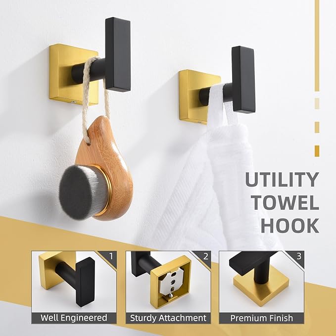 Angle Simple Bathroom Towel Hook 2 Pack, SUS 304 Stainless Steel Bath Robe Coat Holder Wall Mounted, Black & Gold-Ruum Studio Home