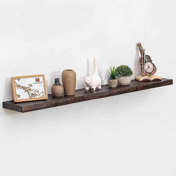 Wood Floating Shelves for Wall, 48 Inch Floating Shelves Wall Mounted, Rustic Live Edge Elm Wood Shelf for Home Decor, Heavy-Duty Storage Shelves for Books, Bathroom, Kitchen, Walnut Finish-Ruum Studio Home