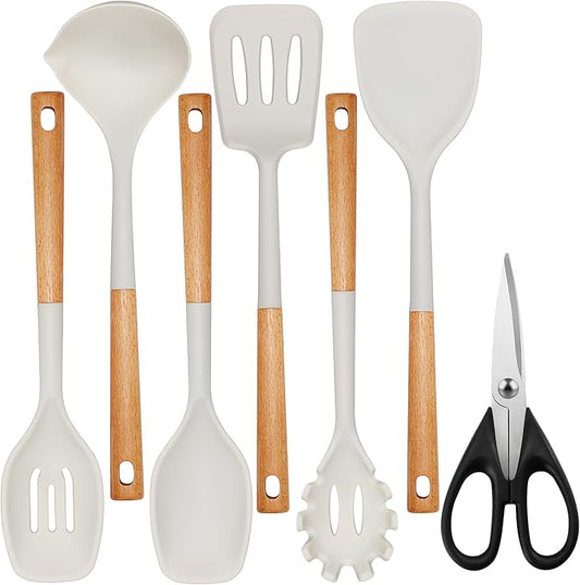 QMVESS Silicone Cooking Utensils Set, Kitchen Utensils Set 7 Pcs with Long Wooden Handle, Food Grade and Heat Resistant Large Silicone Spatula Set for Nonstick Cookware, BPA Free（White）-Ruum Studio Home