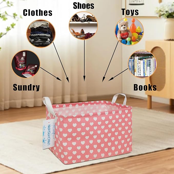 LANGYASHAN Rectangular Storage Bin Collapse Canvas Fabric Cartoon Storage Basket with Handles for Organizing Home Kitchen Boys and Girls Toys Office Closet Shelf Baskets (Rec pink heart)-Ruum Studio Home