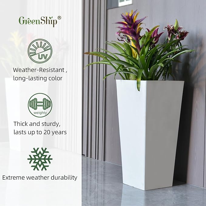 GreenShip 27" Tall Planters, Set of 2 – Black Outdoor Planter for Front Porch & Tall Plants, Weather-Resistant, with Drainage Hole & Rubber Plug (No Plants Included) (White-2pcs)-Ruum Studio Home