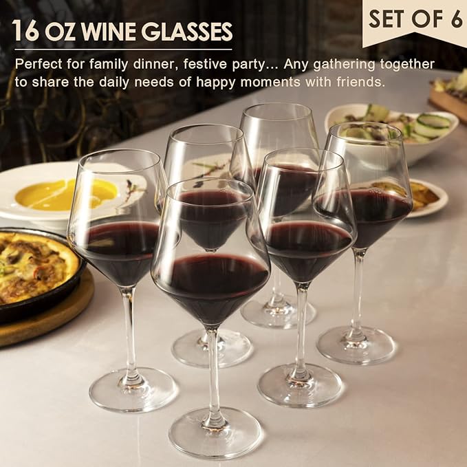 Wine Glasses,White Red Wine Glasses Set of 6,Lead-Free Premium Crystal Clear Glass,Hand Blown Italian Style Burgundy Long Stem Wine Glasses,Great Gift Packaging(16oz,6pack)-Ruum Studio Home