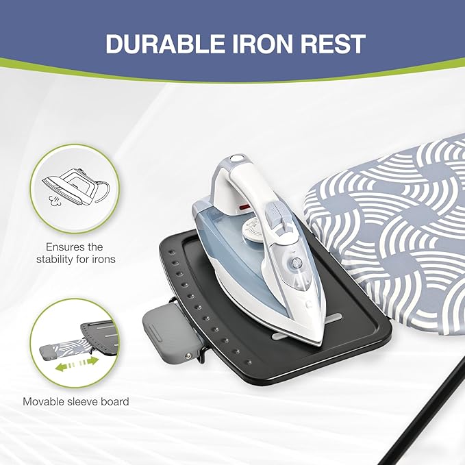 APEXCHASER Ironing Board, Full Szie Iron Board with Iron Rest,Height Adjustable,Extra Thick Heat Resistant Cover with Sleeve Board 15x45 Blue-Ruum Studio Home