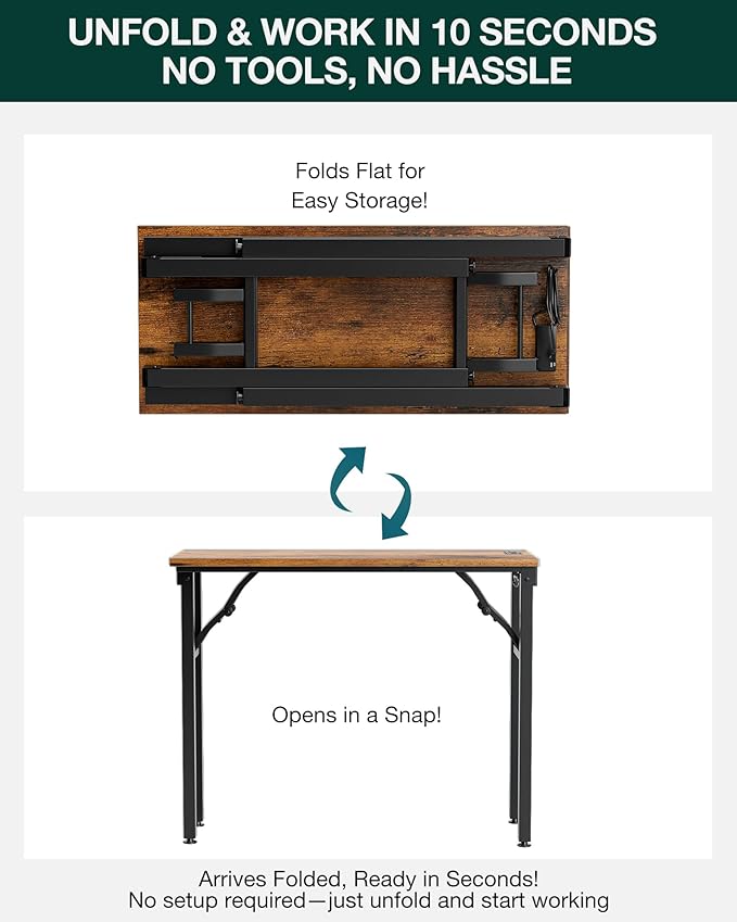 Frylr Small Folding Computer Desk – 35.8 Inch Portable Table for Craft and Study, Lightweight Desk for Small Spaces, Foldable Laptop Table Built-in AC/USB Outlets for Convenience, Rustic Brown-Ruum Studio Home