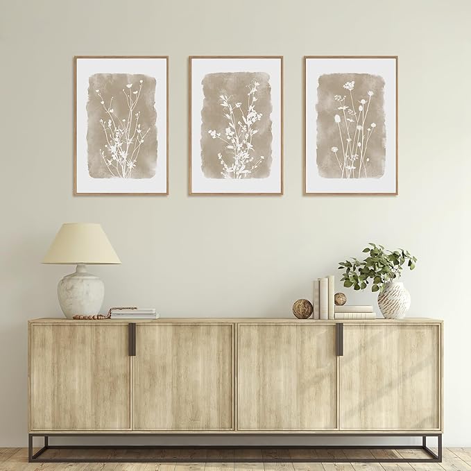 HPINUB Large Boho Wildflowers Canvas Framed Wall Art Set,Minimalist Vintage Flower Wall Decor,Beige Floral Botanical Artwork for Living Room Bedroom,Dining Room,Office -24"x36"x3-Ruum Studio Home