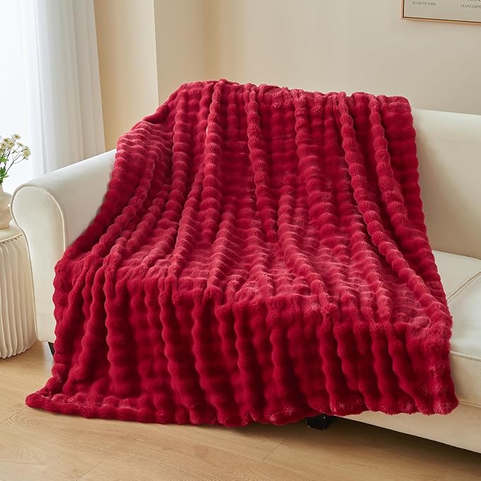 NEWCOSPLAY Faux Fur Throw Blanket Red Bubble Blanket Thick Warm Soft for Couch Sofa Bed 550GSM (Red, Throw(50"x60"))-Ruum Studio Home