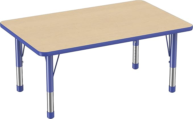 FDP Rectangle Activity School and Classroom Kids Table (30 x 48 inch), Chunky Toddler Legs, Adjustable Height 15-24 inches - Maple Top and Blue Edge-Ruum Studio Home