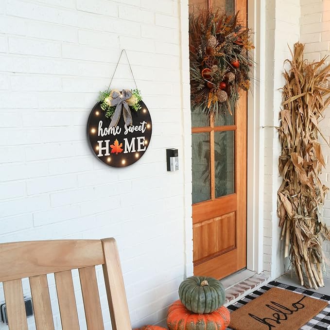 Interchangeable Welcome Sign for Front Door with 14 Changeable Icons, Farmhouse Front Porch Decor Rustic Wooden Wall Sign with 12 LED Lights, Outdoor Seasonal Welcome Home Decorations (Black1)-Ruum Studio Home