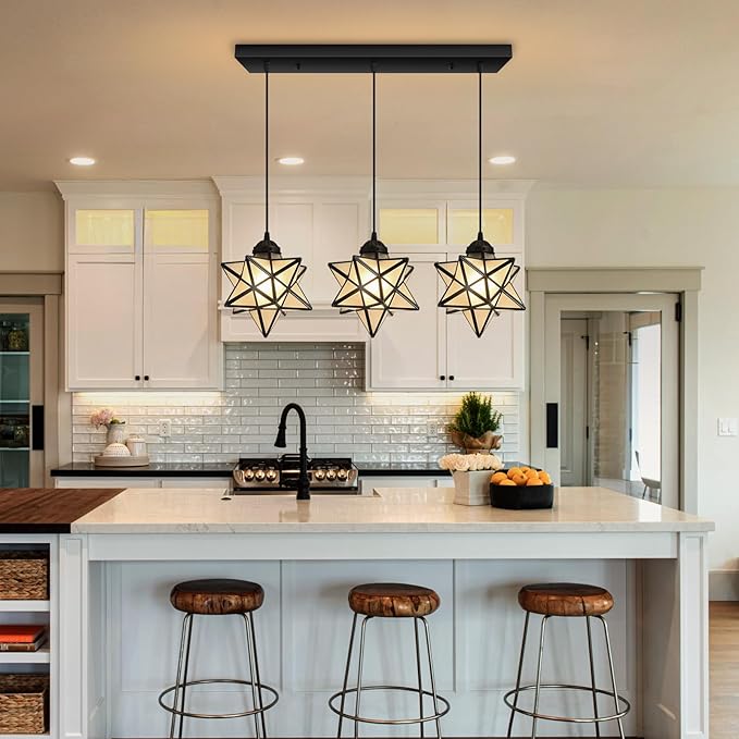 Modern Frosted White Glass Chandelier Dining Room Farmhouse Star Pendants Lights for Kitchen Island LED Ceiling Hanging Lighting Included Warm Light Bulbs Black-Ruum Studio Home