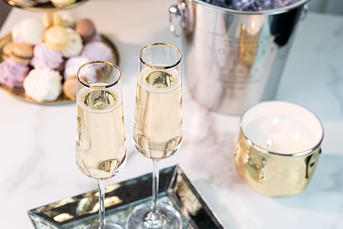 Gold Rim Champagne Gift Glasses | Set of 2 | Crystal Square Toasting Flutes for Bride and Groom, Wedding, Anniversary, Birthday | Elegant Long Stemmed Glassware for Sparkling Wine, Prosecco-Ruum Studio Home