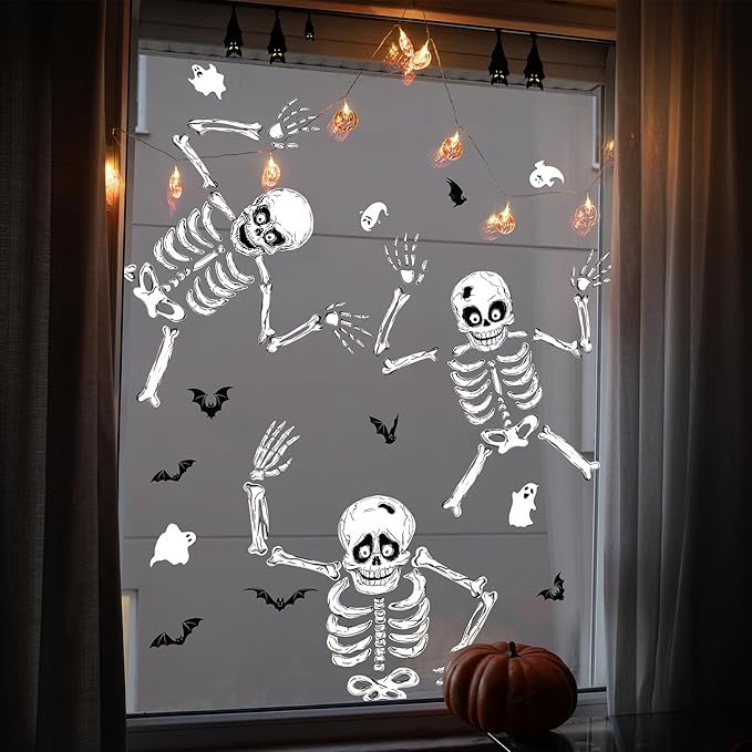 Halloween Window Skeleton Clings – 8 Sheets of Extra Large Cute and Scary Skeletons, Ghosts, and Bats for Home, School, Car Windows, Office, and Party Decor-Ruum Studio Home