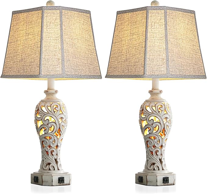 Set of 2 Rustic Table Lamps for Living Room Bedroom, Farmhouse Vintage Nightstand Lamp with 2 USB Ports, Hollow Out Resin Lamp for End Table with Nightlight, Bulbs Included (Wash White)-Ruum Studio Home