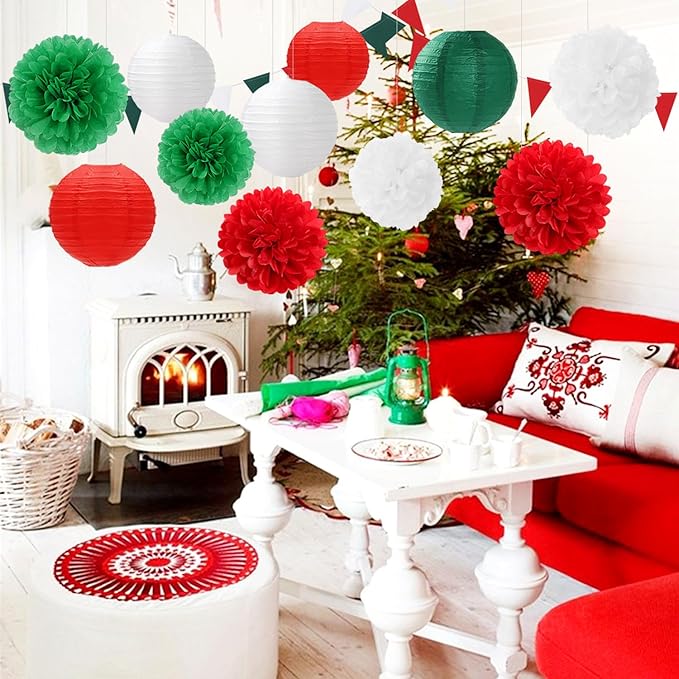 Red-Green White Party-Decorations Christmas Flowers Lanterns - 15PCS Italian Mexican Independence Day Paper Tissue Pom Poms Streamers,Mexico Italy Birthday Baby Shower Wedding Hanging Decor Hugfond-Ruum Studio Home
