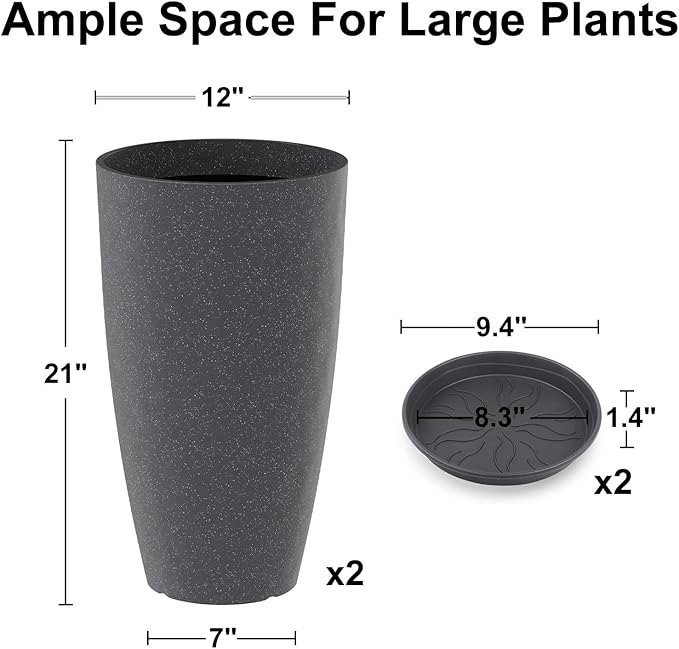 GameXcel Tall Flower Pot Indoor - Outdoor Plant Pot - Black Glossy Planter - Elegant Stone Imitation - 12" Diameter 21" Tall with Drainage Holes and Saucer 2Pack-Ruum Studio Home