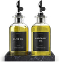 Olive Oil Dispenser Set With Silicone Tray & 40 Labels - 2 Black Bottles (500ml / 17oz) for Kitchen, Soy Sauce, Coffee Syrup-Ruum Studio Home