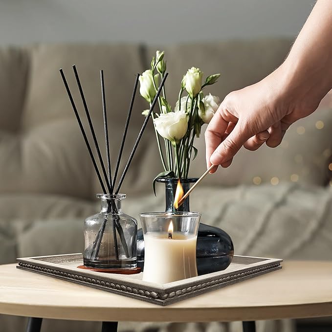 Wood Decorative Tray-Vitage Brown Washed Bead Tray for Coffee Table Wooden Serving Trays Ottoman Tray for Living Room Candle Holder Home Organizer Farmhouse Home Decor (Rectangular)-Ruum Studio Home