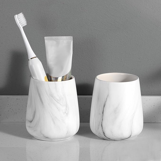 2Pcs Toothbrush Holder for Bathroom - Marble White Ceramic Tooth Brushing Holders Set, Toothbrush Cup & Toothpaste Organizer for Bathroom Countertop, Makeup Brush Holder, Pen Holder for Home Storage-Ruum Studio Home