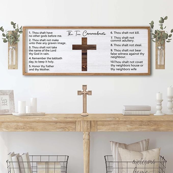 Ten Commandments Rustic Bible Verse Framed Wall Art 40" x 15" Natural Religious Christian Slogan Representing God Jesus Christ Prayer Vintage Holy Inspirational Catholic Scripture Decor-Ruum Studio Home