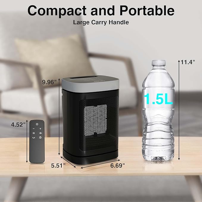 Small Portable Space Heater for Indoor Use - with 70°Rotating Feature, JIBUFI 1500W PTC Electric Heater, Rapid and Safe Heating, Remote Control, 1-12 Hr Timer for Bedroom, Office-Ruum Studio Home