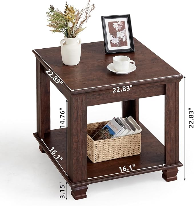 Farmhouse End Table,Large Side Table with 2-Tier Storage Shelf,Rustic Brown End Tables for Living Room,Square Tea Table,Walnut-Ruum Studio Home