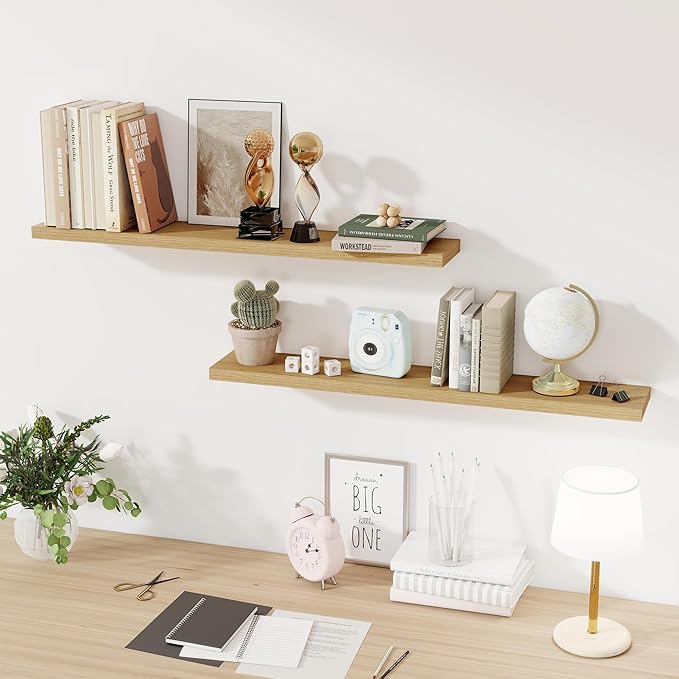 Fun Memories Floating Shelves for Wall, 40" Rustic Wood Deep Wall Mounted Shelves with Invisible Brackets for Decor & Storage, Floating Shelf for Living Room, Bathroom (Oak, Set of 2)-Ruum Studio Home
