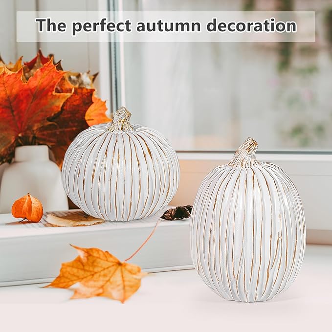 2Pcs Halloween Pumpkin Artificial Resin Pumpkins Decor for Mantel Harvest Autumn Tabletop Decoration Gold Fall Pumpkin Decorations Thanksgiving Table Centerpieces (Set B, ONE Size)-Ruum Studio Home