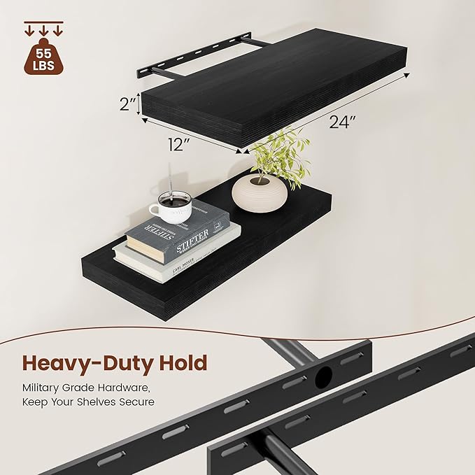 Black Floating Shelves for Wall 24 Inches Long, 12" Deep Wall Shelves 2" Thick, Heavy Duty Shelf for Bedroom, Bathroom, Living Room, Kitchen, Office, Home Decor, Modern Shelf Set of 2, 24" X 12" X 2"-Ruum Studio Home