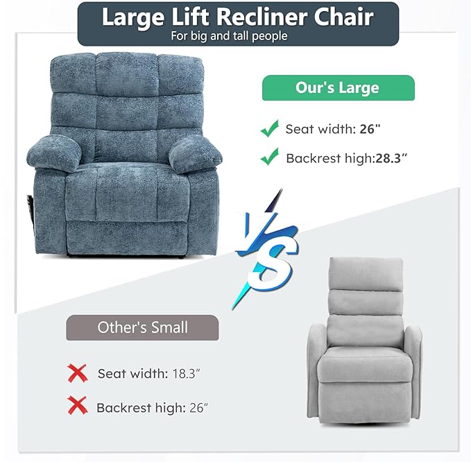 Lay Flat Recliner with Vibration Massage and Lumbar Heating, 26'' Wide Chair with Infinite Position and 2 Remote Controls, Soft Chenille Lift for Living Room, Grayish Blue-Ruum Studio Home