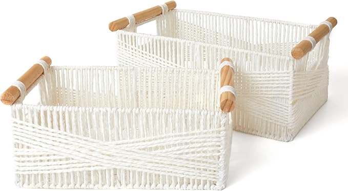 LA JOLIE MUSE Wicker Storage Baskets for Organizing, Recyclable Paper Rope Basket with Wood Handles, Decorative Hand Woven Basket Organizers for Makeup Books Shelves Living Room, White, Set of 2-Ruum Studio Home