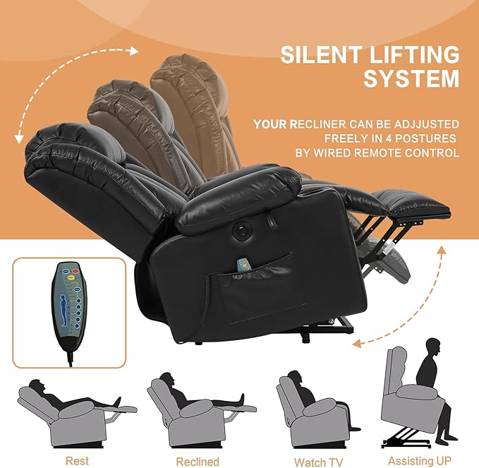 PARKOL Power Lift Recliner Chair for Elderly Breathable Leather Recliner Chair with Massage and Heat,2 Cup Holders,Electric Stand Assist,USB Ports,Gifts for Family (Black)-Ruum Studio Home