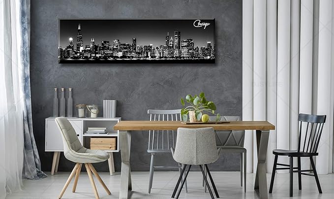 Office Wall Decor Black and White Wall Art Chicago Skyline Pictures for Living Room Modern Large Canvas Print Artwork Stretched and Framed 13.8"X47.3"-Ruum Studio Home