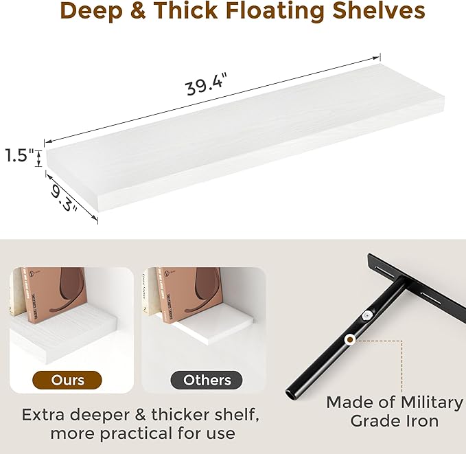 40 Inch Floating Shelves White, 40" W x 9" D Floating Shelf Set of 2, Farmhouse Wood Wall Shelves for Bedroom, Kitchen, Wall Mounted Deep Shelving for Home Decor-Ruum Studio Home